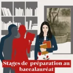 Illustration d’une lycéenne dans une bibliothèque, symbolisant la préparation au bac et les stages de révision Ipécom Paris.