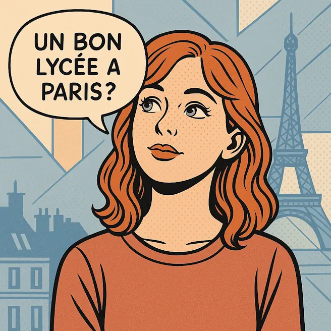 Jeune élève rousse en style pop art demandant “Un bon lycée à Paris ?”, devant un fond abstrait évoquant la Tour Eiffel et les toits de Paris.