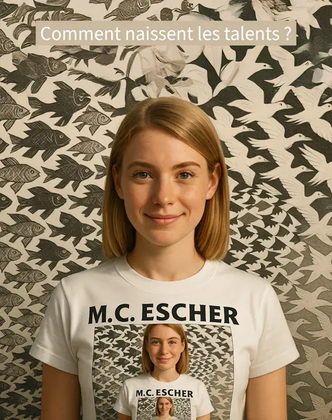 Portrait d’une lycéenne d’Ipécom Paris devant un motif inspiré d’Escher, portant un t-shirt avec mise en abyme.
