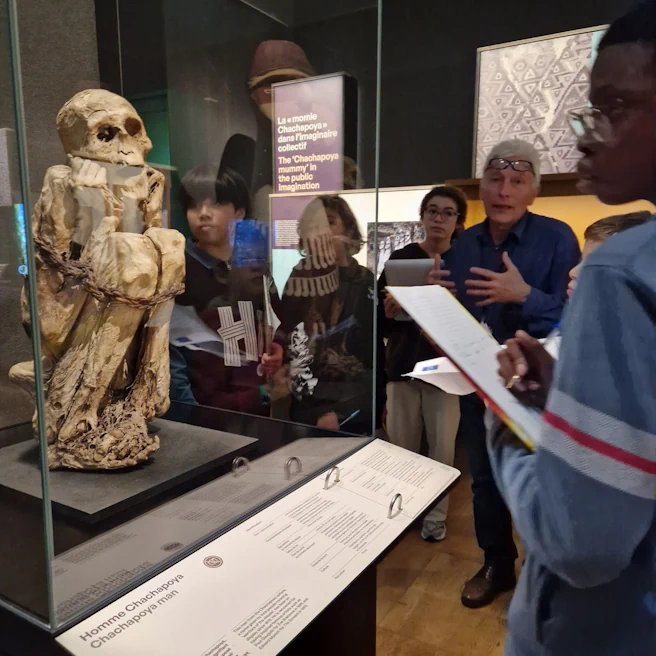 Élèves d’Ipécom Paris devant une momie Chachapoya au Musée de l’Homme, avec un intervenant expliquant les rites funéraires