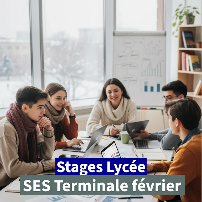 Stage SES Terminale février à Ipécom Paris : groupe d’élèves révisant les sciences économiques et sociales pendant les vacances d’hiver
