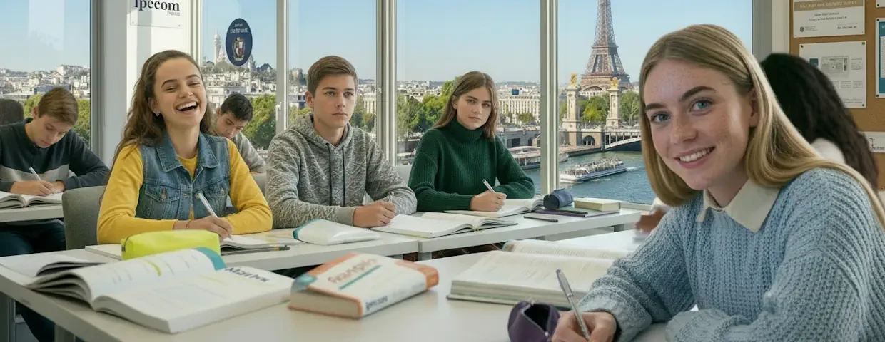 Classe au collège et au lycée Ipécom Paris avec vue sur la Tour Eiffel