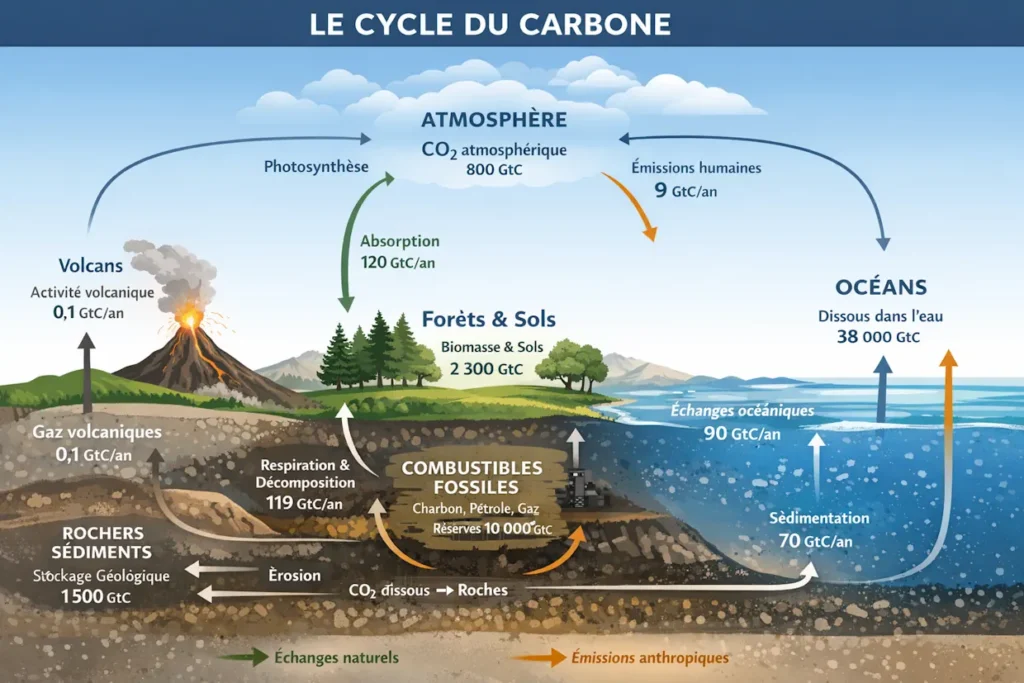 Schéma du cycle du carbone montrant les flux de CO₂ entre l’atmosphère, les océans, la biosphère, les sols, les roches et les combustibles fossiles, avec échanges naturels, échanges océaniques et émissions humaines.