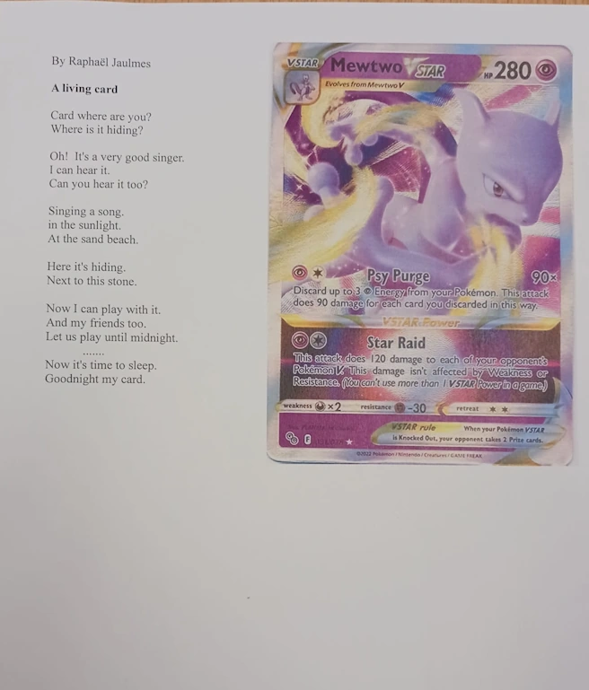 Poème “A Living Card” de Raphaël illustré par une carte Pokémon, concours de poésie du collège Ipécom Paris
