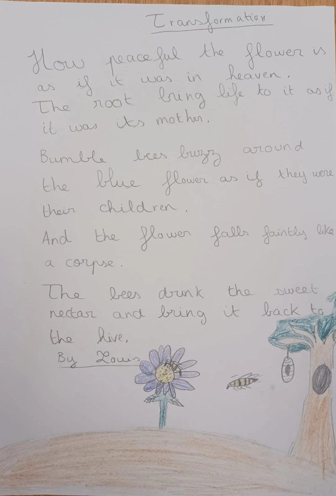 Poème manuscrit “Transformation” de Louis, lauréat du concours de poésie du collège Ipécom Paris