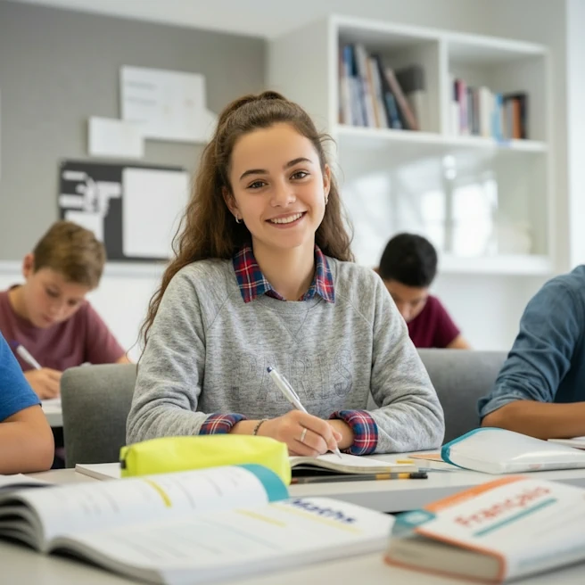 Élève de Quatrième en stage de révision au collège, travaillant en petit groupe chez Ipécom Paris
