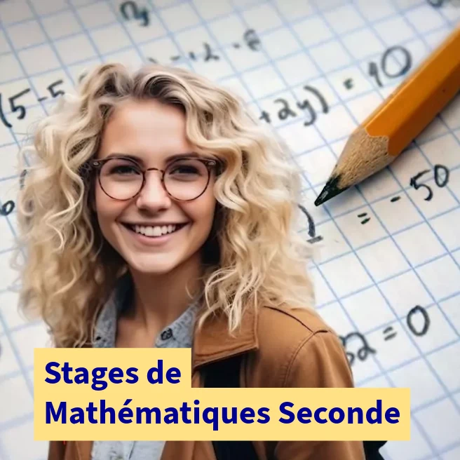 Stages intensifs de mathématiques en Seconde à Ipécom Paris : illustration avec élève souriante devant une feuille quadrillée et des calculs, révisions pendant les vacances scolaires.