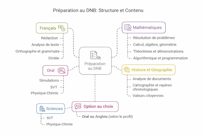 Schéma de la préparation au Brevet à Ipécom Paris : français, mathématiques, histoire-géographie, sciences et option au choix oral ou anglais
