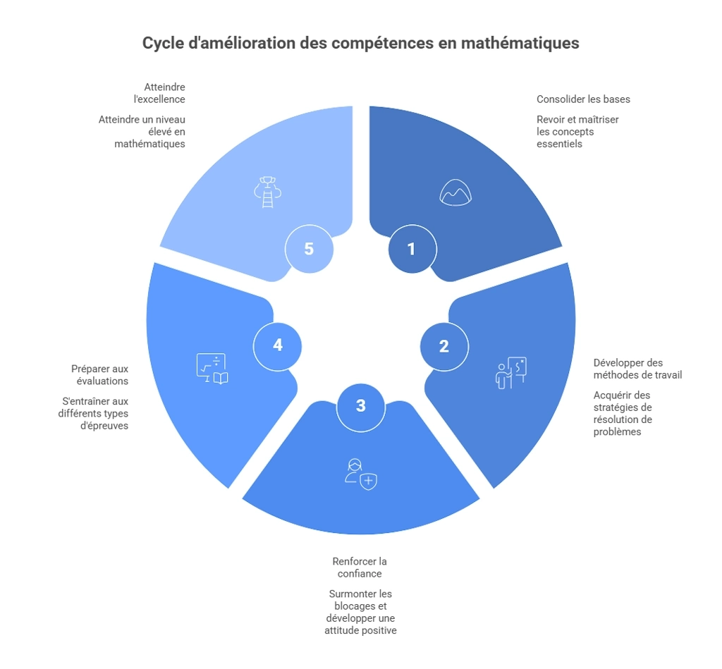 Schéma du cycle d’amélioration des compétences en mathématiques en Première : consolidation des bases, méthodes de travail, confiance, entraînement et excellence.