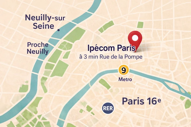 Carte de localisation d’Ipécom Paris dans le 16e arrondissement, à 3 minutes du métro Rue de la Pompe et proche de Neuilly-sur-Seine.