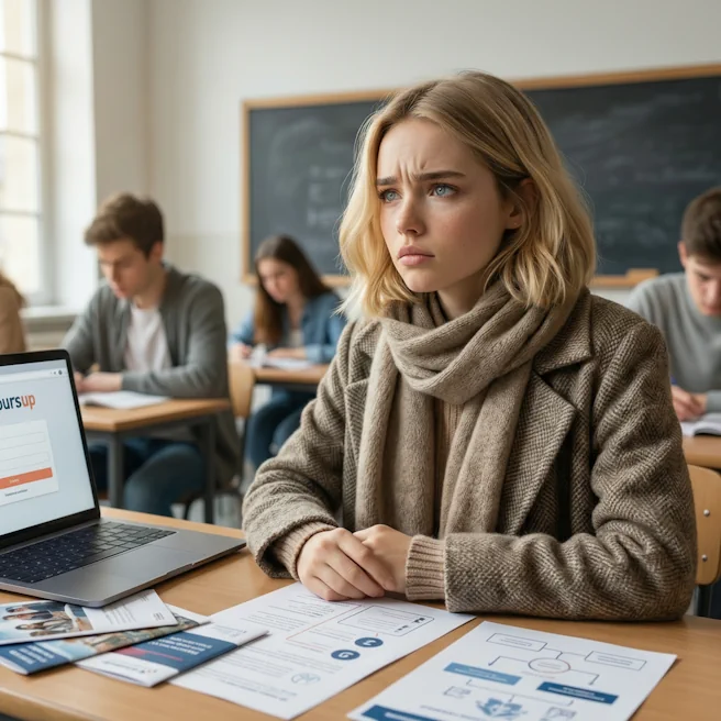 Lycéenne en classe préparant son dossier Parcoursup devant un ordinateur affichant la plateforme.