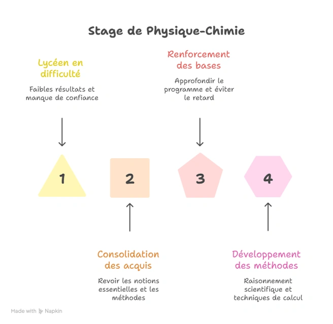 Schéma de progression en stage de physique-chimie de Première : remise à niveau, consolidation des acquis, renforcement des bases et développement des méthodes.
