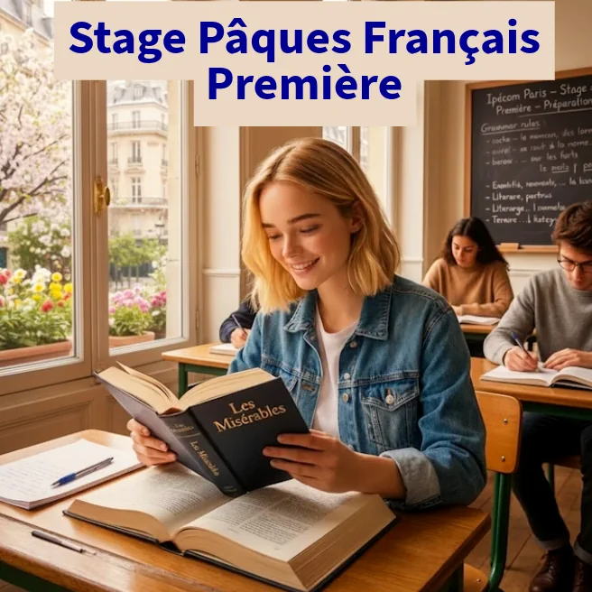 Élève de Première lisant Les Misérables pendant un stage intensif de français à Ipécom Paris, préparation au bac de français – Pâques.