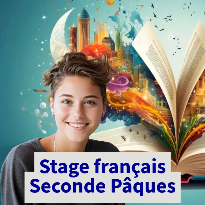 Élève souriante devant un livre ouvert illustré – Stage intensif de français Seconde Pâques à Paris 16e