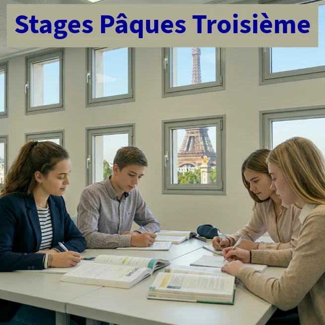 Élèves de troisième en stage intensif de mathématiques et français à Ipécom Paris avec la Tour Eiffel en arrière-plan.