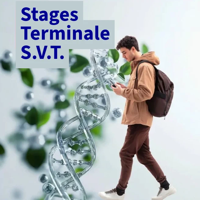 Stage de SVT en Terminale : lycéen avec sac devant une double hélice d’ADN, illustration révisions bac.