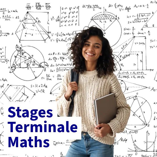 Élève de Terminale tenant un cahier devant des schémas mathématiques, illustrant les stages intensifs de mathématiques proposés par Ipécom Paris.