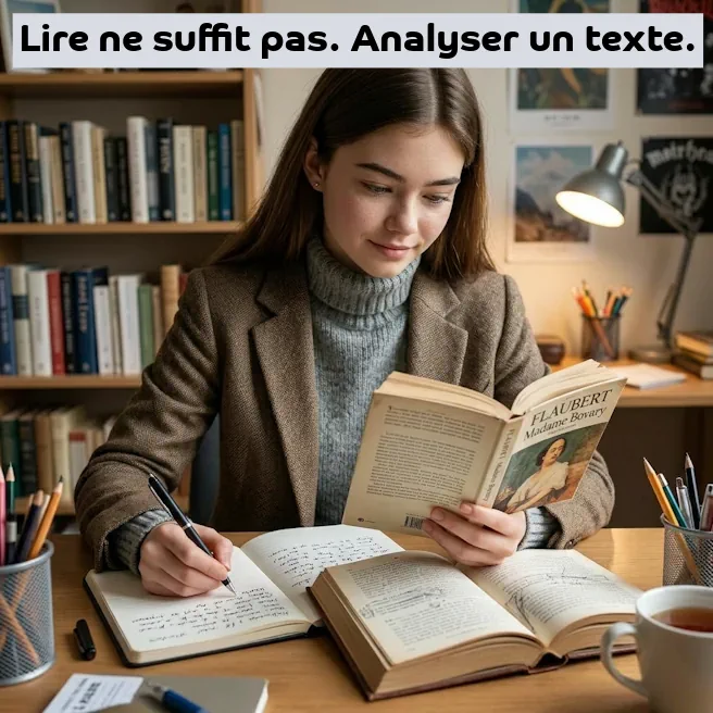 Élève de Première lisant un texte littéraire et prenant des notes pour préparer le bac de français.