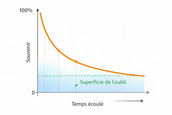 Schéma de la courbe de l’oubli d’Ebbinghaus montrant la diminution de la mémoire au fil du temps sans révision.