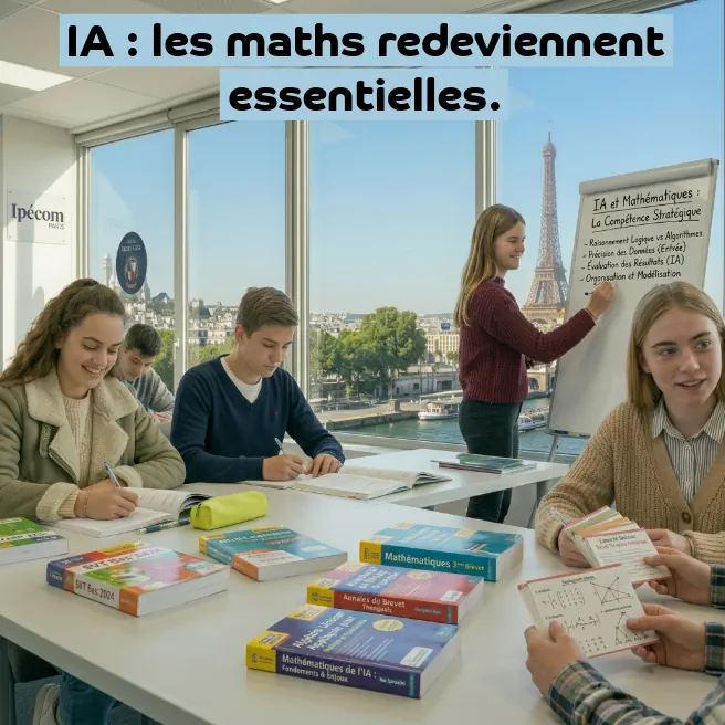 Élèves de lycée en cours de mathématiques chez Ipécom Paris avec vue sur la tour Eiffel, tableau expliquant le lien entre IA et raisonnement logique.