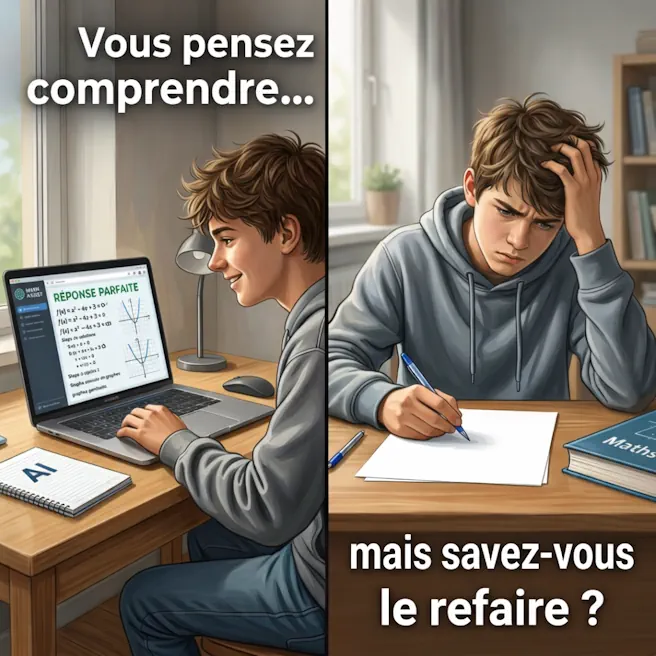 Élève utilisant une IA pour comprendre un exercice puis bloqué seul face à une feuille