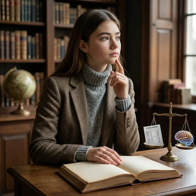 Élève réfléchissant à la relation entre réussite scolaire et intelligence, symbole d’équilibre entre notes et capacités intellectuelles.