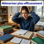 Élève stressée devant ses livres en train de réviser son cours, illustration des difficultés liées aux méthodes de révision inefficaces.
