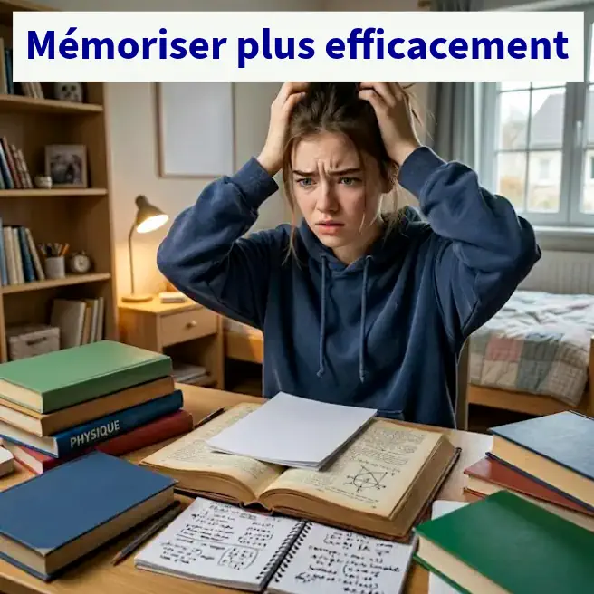 Élève stressée devant ses livres en train de réviser son cours, illustration des difficultés liées aux méthodes de révision inefficaces.