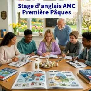 Stage intensif d’anglais spécialité AMC en Première à Ipécom Paris – élèves analysant des documents sur les enjeux du monde contemporain anglophone.