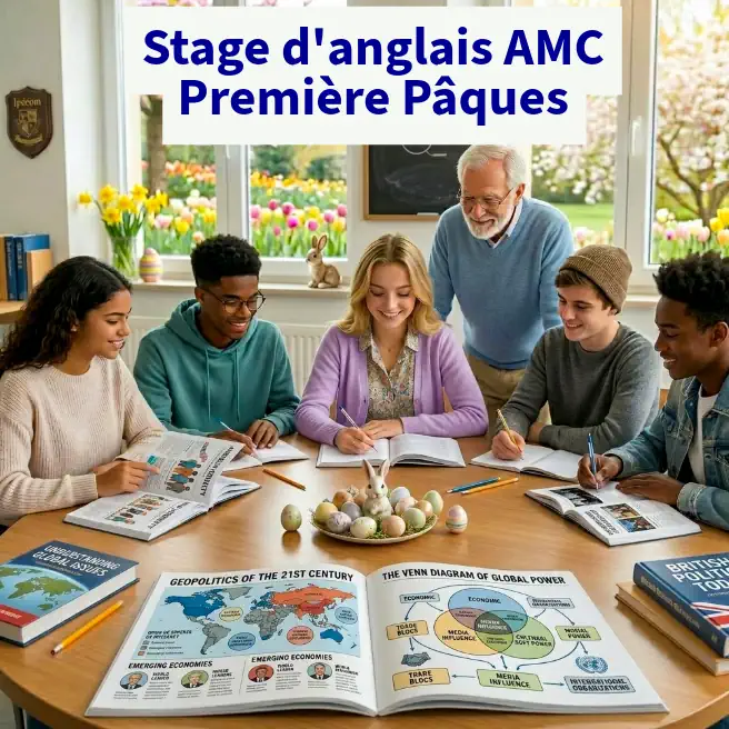 Stage intensif d’anglais spécialité AMC en Première à Ipécom Paris – élèves analysant des documents sur les enjeux du monde contemporain anglophone.