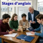Élèves de lycée travaillant l’anglais avec un professeur lors d’un stage intensif à Paris chez Ipécom Paris.