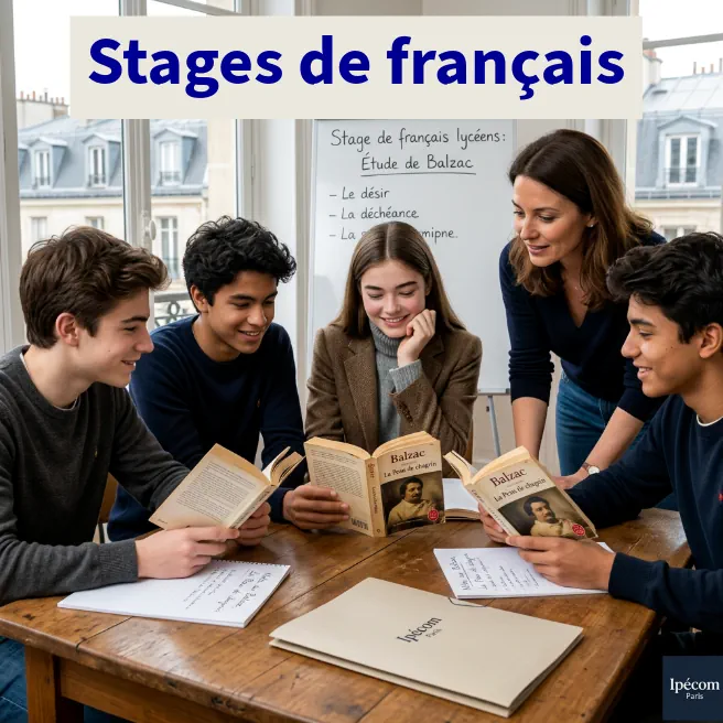 Élèves de lycée travaillant le français avec une enseignante lors d’un stage intensif à Paris chez Ipécom Paris.
