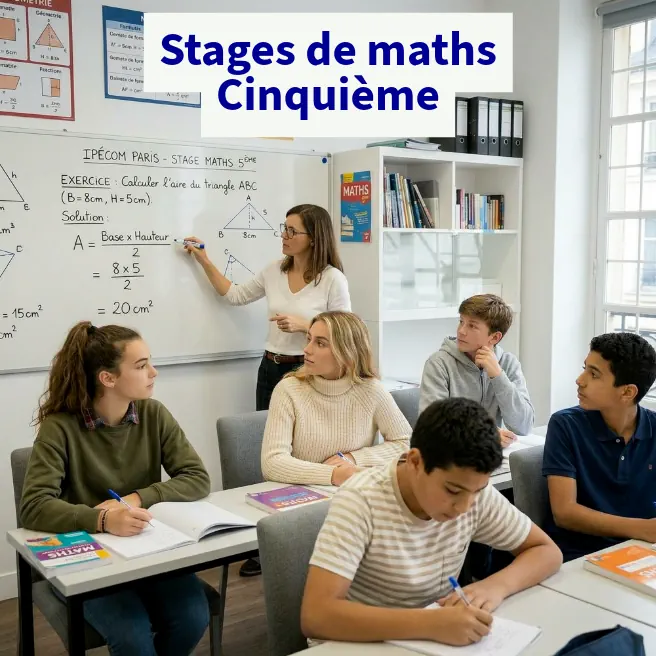 Stage intensif de mathématiques pour élèves de Cinquième à Ipécom Paris avec professeur expliquant un exercice de géométrie au tableau.