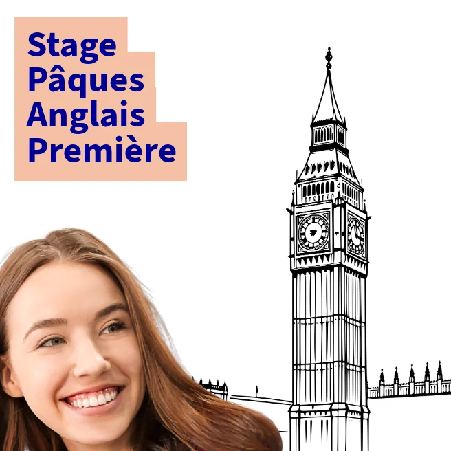 Élève souriante devant une illustration de Big Ben – stage d’anglais Première Pâques 2026 à Ipécom Paris