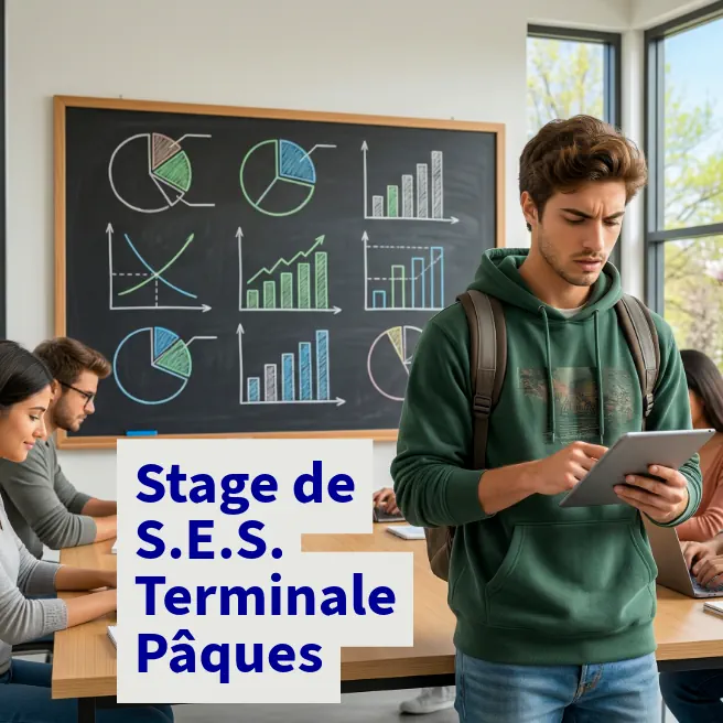 Élève de Terminale travaillant sur tablette devant un tableau de graphiques – stage intensif de S.E.S. à Pâques 2026 (Ipécom Paris).
