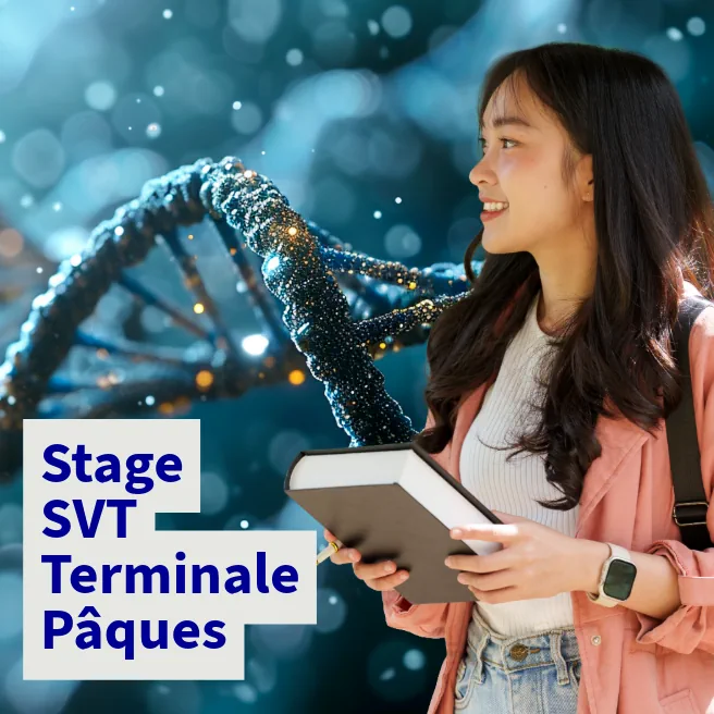Stage SVT Terminale Pâques à Ipécom Paris : Élève avec un manuel devant une illustration d’ADN.