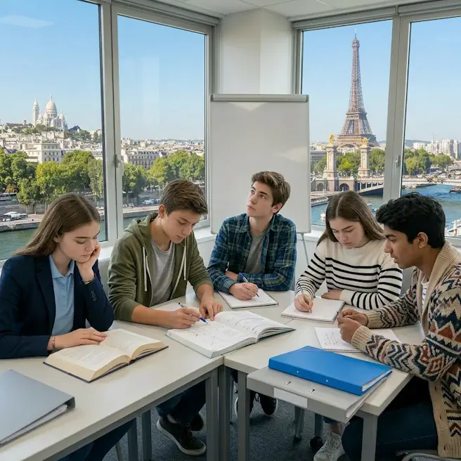 Groupe de lycéens travaillant pendant un stage intensif à Ipécom Paris avec vue sur la Tour Eiffel.