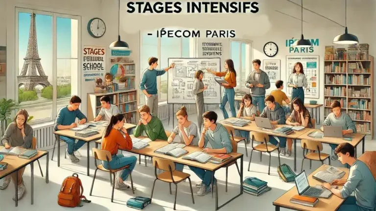 Stage intensif pour lycéens à Ipécom Paris : élèves travaillant en petit groupe avec un professeur pendant les vacances scolaires.