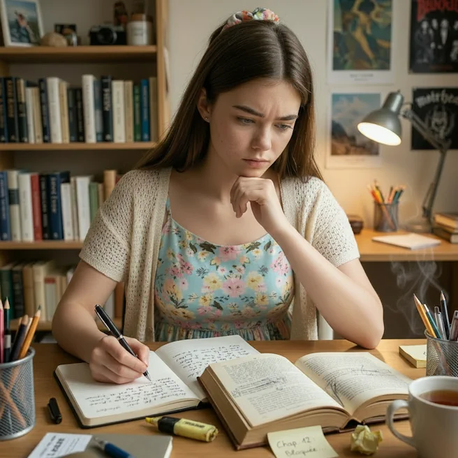 Élève concentrée à son bureau, travaillant et prenant des notes, illustration d’une stagnation des résultats malgré des efforts importants.