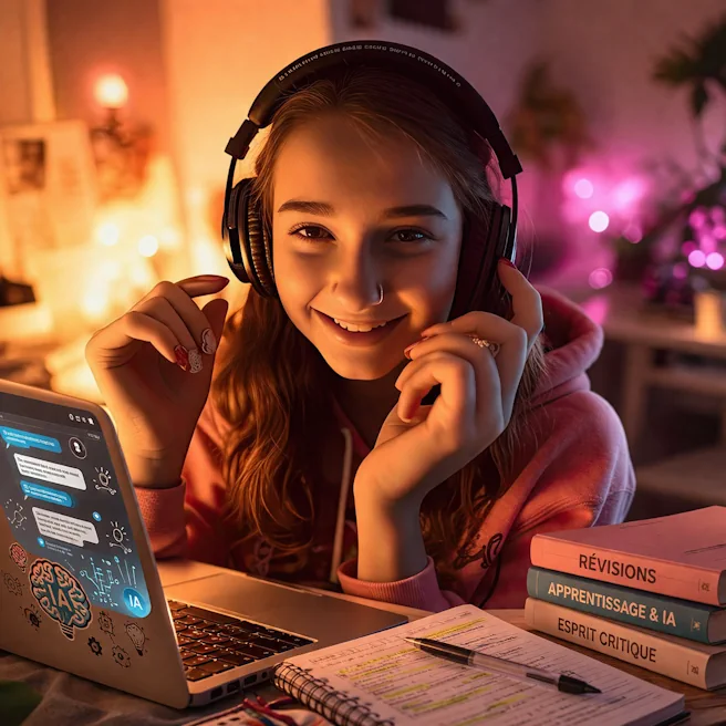 Jeune fille étudiant avec un ordinateur affichant une interface d’assistant IA, un cahier de notes et des livres de révision.