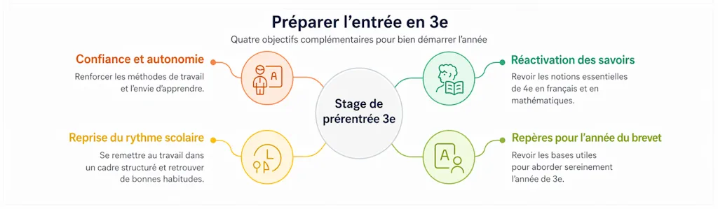Schéma des objectifs du stage de prérentrée 3e : acquis de 4e, rythme scolaire, autonomie et préparation progressive au brevet.