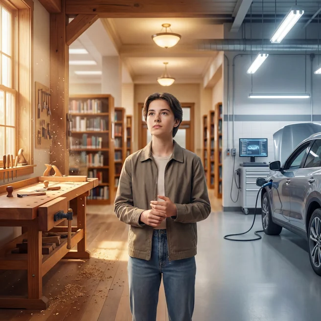 Jeune en réflexion entre atelier de menuiserie, espace d’études et atelier de mécanique moderne.