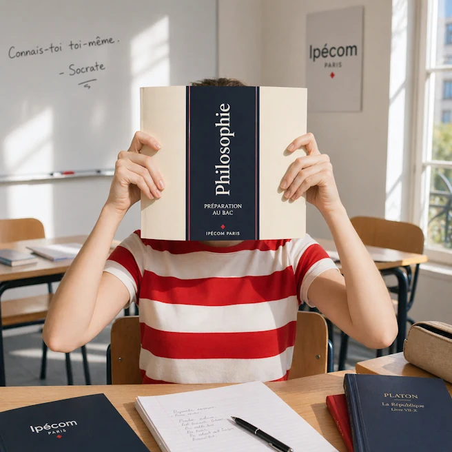 Élève en salle de classe tenant un livre de philosophie pendant un stage de préparation au bac de philosophie à Paris chez Ipécom Paris.