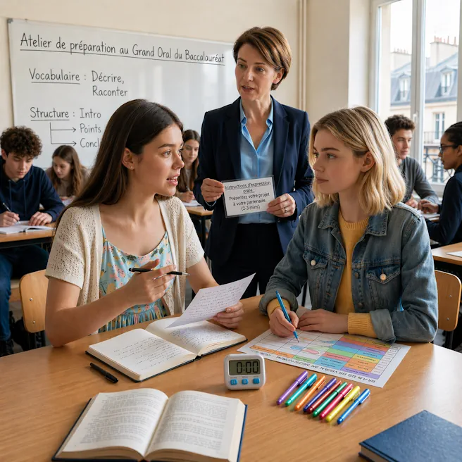 Élèves en atelier de préparation au Grand Oral du baccalauréat avec une professeure dans une salle de classe à Ipécom Paris.