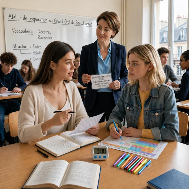 Élèves en atelier de préparation au Grand Oral du bac avec une professeure dans une salle de classe à Paris chez Ipécom Paris.