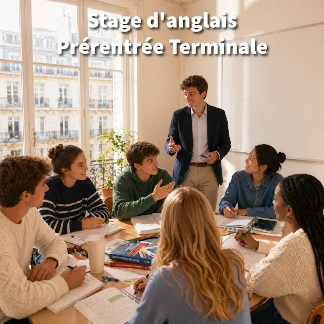 Élèves de Terminale en stage de prérentrée d’anglais tronc commun chez Ipécom Paris avec leur professeur.