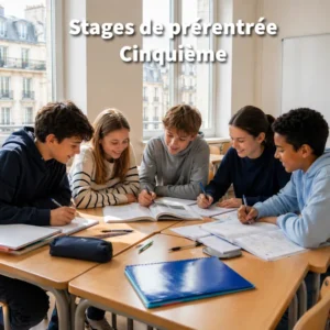 Groupe d’élèves entrant en Cinquième travaillant ensemble pendant un stage de prérentrée à Ipécom Paris