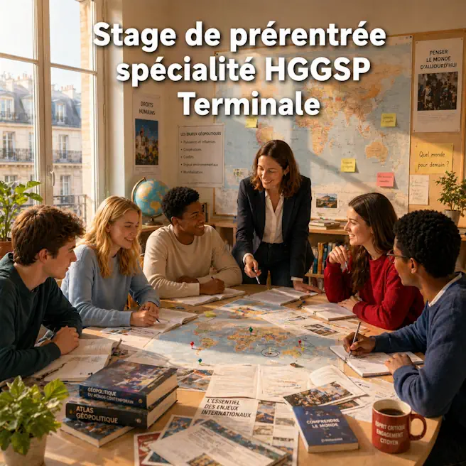 Élèves en stage de prérentrée HGGSP Terminale à Ipécom Paris dans une salle de classe lumineuse.