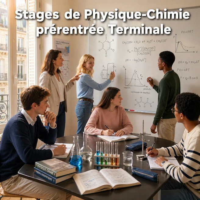 Élèves de Terminale en stage de prérentrée spécialité Physique-Chimie à Ipécom Paris, travaillant en petit groupe avec une enseignante devant un tableau scientifique.