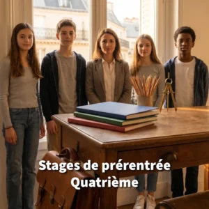 Professeure avec un groupe d’élèves entrant en Quatrième pour un stage de prérentrée à Ipécom Paris.